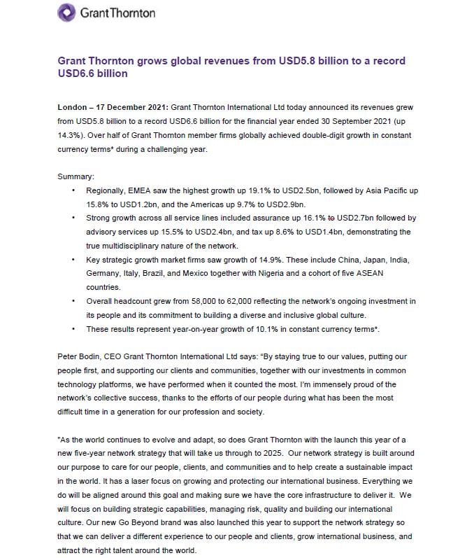 Grant Thornton grows global revenues from USD5.8 billion to a record