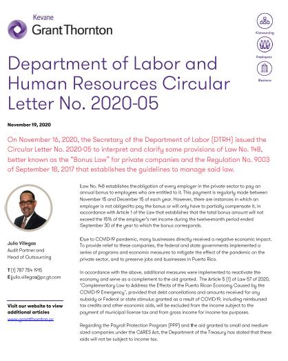 Department of Labor and Human Resources Circular Letter No. 2020-05