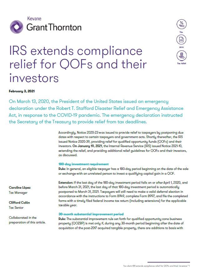 IRS extends compliance relief for QOFs and their investors