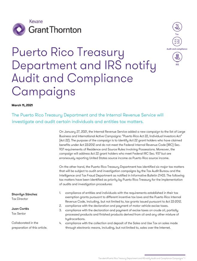 Puerto Rico Treasury Department and IRS notify Audit and Compliance Campaigns