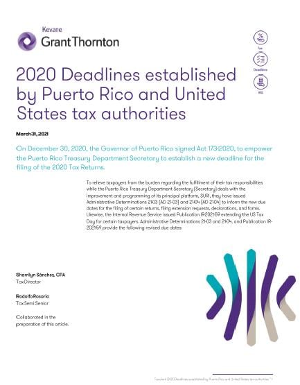 2020 Deadlines established by Puerto Rico and United States tax authorities