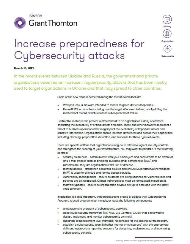 Increase preparedness for Cybersecurity attacks