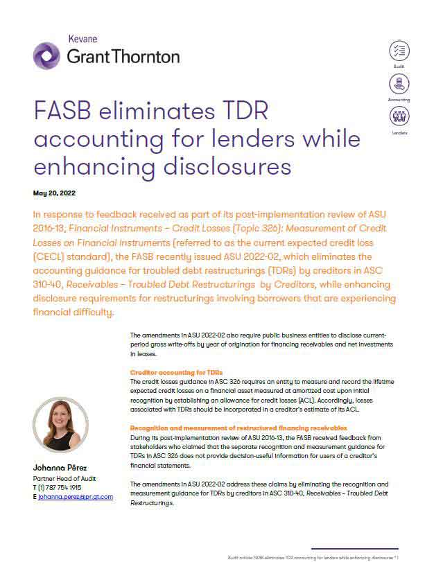 FASB eliminates TDR accounting for lenders while enhancing disclosures