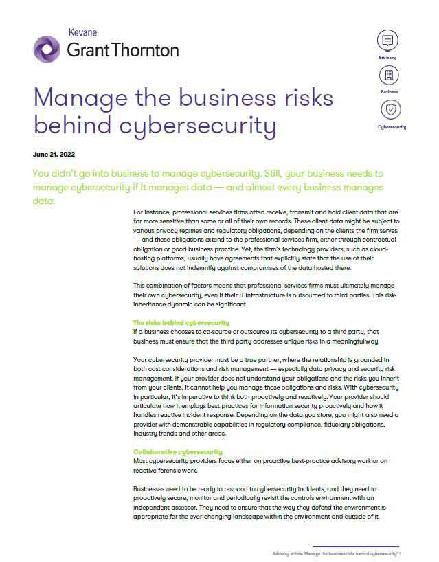 Manage the business risks behind cybersecurity