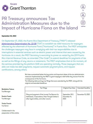 PR Treasury announces Tax Administration Measures due to the Impact of Hurricane Fiona on the Island